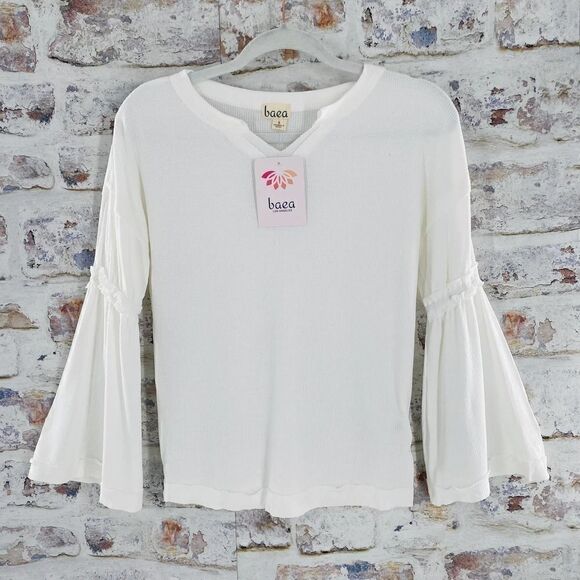 BAEA V-Neck Flare Sleeve Waffle Knit T-shirt In White Size Large - Picture 3 of 10